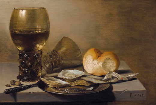 Imagen de la obra Bodegón con copa Römer, panecillo y ostras.