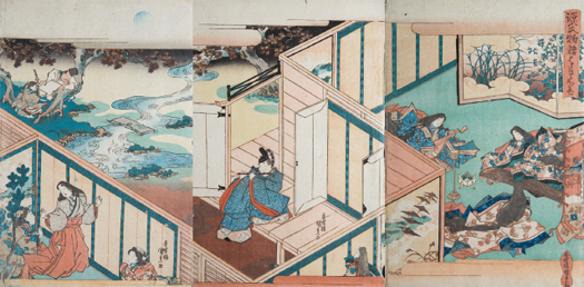 Utagawa Kunisada (Toyokuni III). Tríptico inspirado en la novela  Genji Monogatari  [La historia de Genji] de Murasaki Shikibu, 1830. Colección Bujalance