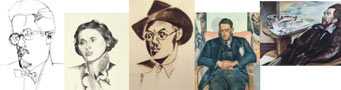 Retratos deJames Joyce (1920), Rebecca West (1932), Autorretrato con sombrero (1932), T. S. Eliot (1938) y Ezra Pound (1939), por Wyndham Lewis