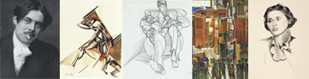 A la izquierda, Wyndham Lewis forografiado por G. C. Beresford, y obras de Lewis