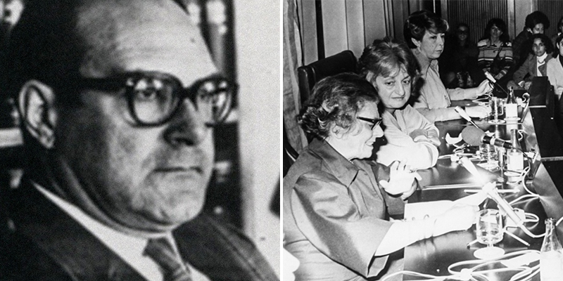 Izqda.: Julián Marías. Dcha.: Lili Álvarez, Betty Friedan y Consuelo de la Gándara (1975)