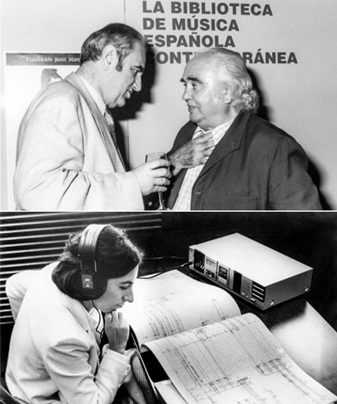 Tomás Marco y Antón García Abril. Abajo, usuaria en la Biblioteca (1976)