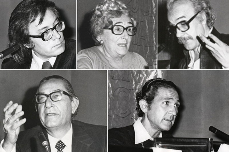 De izqda. a dcha. y de arriba a abajo, F. Umbral, R. Chacel y F. Nieva, L. Rosales y A. Gala, (1976)