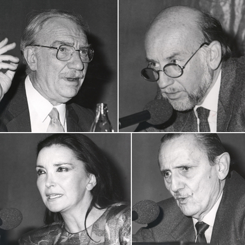 De izqda. a dcha. y de arriba a abajo, F. Fernán-Gómez, A. Marsillach, N. Espert y A. Buero Vallejo (1985)