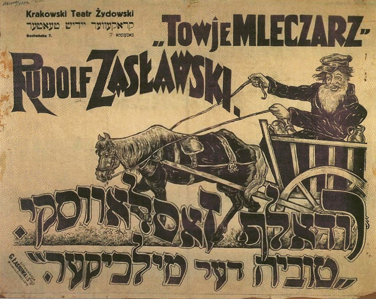 Cartel de finales de los años veinte del Teatro judío de Varsovia que anuncia al actor Rudolf Zaslawski como protagonista de 'Tevye el lechero' de Sholem Aleijem