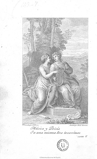Gregorio Ferro (dibujo) y Manuel Salvador Carmona (grabado), "Música y Poesía", grabado para "La música" de Tomás de Iriarte, 1779