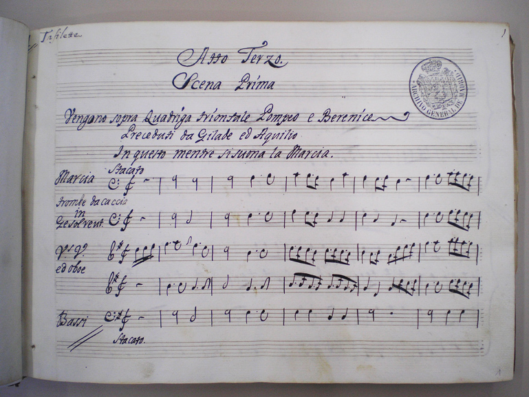 Comienzo de la partitura del Acto III de Farnace, texto de Antonio Maria Lucchini y música de Francesco Corselli, 1739, copia lujosa con encuadernación en tafilete y hierros dorados, Biblioteca Musical del Conde Duque de Madrid, Mus 680-VI.