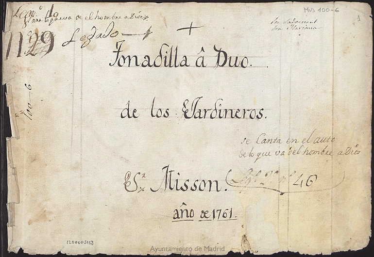 Cubierta de la partitura de la tonadilla a dúo   Los jardineros  de Luis Misón, 1761 (© Biblioteca Histórica Municipal de Madrid)